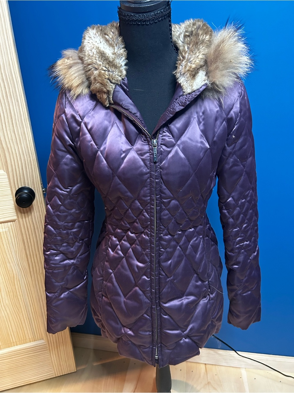 Women's Quilted Purple Faux-Fur Hooded Coat Size Small